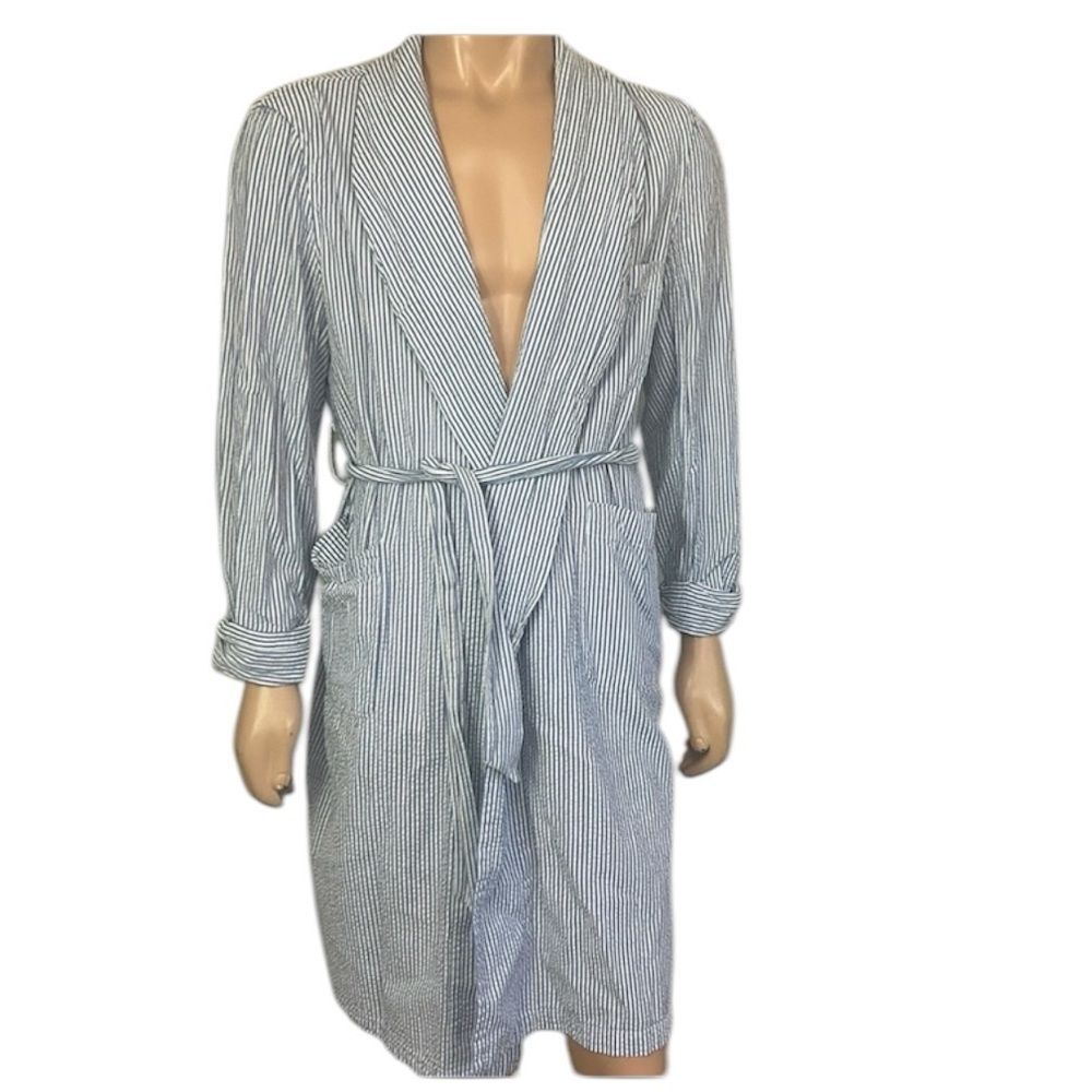 Brooks Brothers Blue White Pin Striped Belted Cotton Robe XL